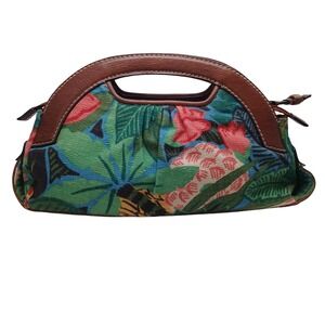 Fossil Tropical Floral Tapestry Handbag Brown Leather Trim Woven Straw Accents